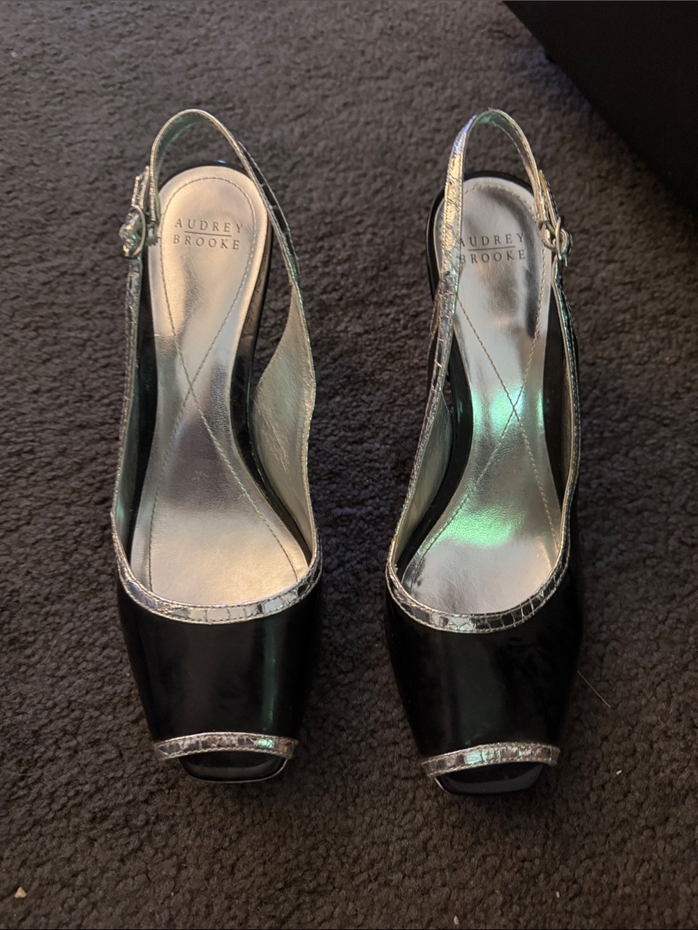 Audrey Brooke Black Peep-Toe Slingback Heels with Silver Trim